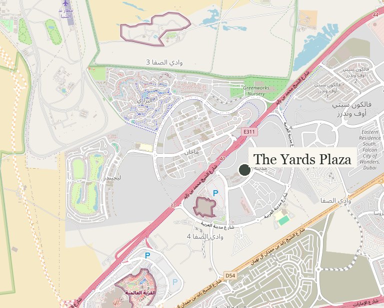 The Yards Plaza location map, City of Arabia, Dubai.